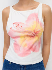 Cotton-blend Floral Graphic Rhinestone Detail Tank Top
