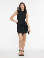 Stand Collar Zipper Knotted Mini Dress