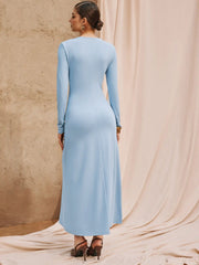 Asymmetrical Ruched Twist Metal Detail Long Sleeve A-line Maxi Dress