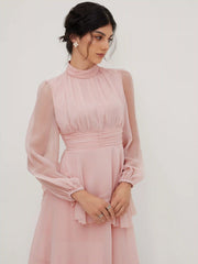 Chiffon Stand Collar Ruched Layered Asymmetrical Hem Maxi Dress