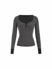 Cotton-blend Stripe Button Long Sleeve Top