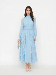 Chiffon Stand Collar Ruffled Lantern Sleeve Flared Maxi Dress
