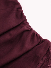 Square Neck Solid Lace Trim Ruched Long Sleeve Tee
