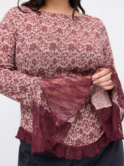 Floral Boat Neck Lace Trim Asymmetrical Hem Bell Sleeve Ruched Top Curve & Plus