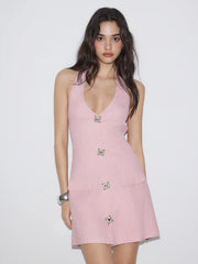 Halter Neck Rhinestone Button A-line Mini Dress
