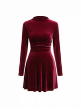 Velvet Stand Collar Ruched Zipper Mini Dress