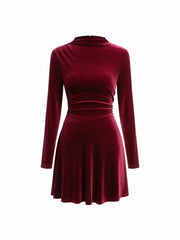 Velvet Stand Collar Ruched Zipper Mini Dress