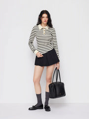 Cotton-blend Stripe Collar Long Sleeve Asymmetrical Hem Ruched Top