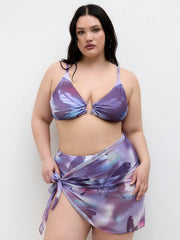 V-neck Butterfly O-Ring Bracelet Full Coverage Bikini Set With Sarong Curve & Plus