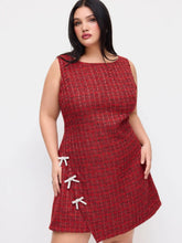 Tweed Boat Neck Rhinestone Bowknot Mini Dress Curve & Plus