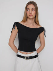 Off-shoulder Colorblock Short Sleeve Tee