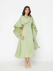 Satin Boat Neck Metal Detail Ruffle Maxi Dress