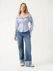 Cotton-blend Stripe Long Sleeve Pleated Blouse