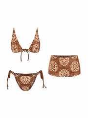 V-neck Tile Print Ring Detail Tie Side Triangle Bikini Set With Cover Up Shorts