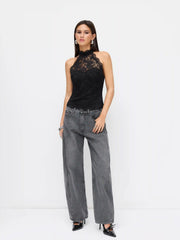 Lace Halter Neckline Tie Back Top