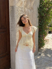 Lace Sweetheart Neck Ruffle Sleeve Bowknot Asymmetrical Hem Top