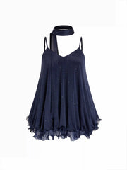 Sequin V-Neck Halter Ruffled Hem Oversized Mini Dress With Scarf Curve & Plus