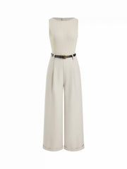 Textured Boat Neck Mid Rise Straight Leg Jumpsuit With Belt