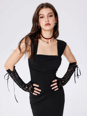 Lace Up Fingerless Long Gloves