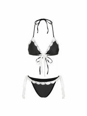 Halter Neckline Lace Trim Triangle Bikini Set
