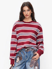 Cotton-blend Striped Round Neckline Long Sleeve Oversized Tee