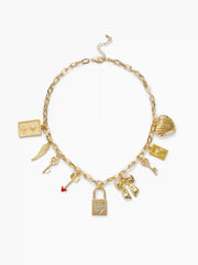 LOCK & KEY & HEART & BOW & FEATHER CHAIN NECKLACE