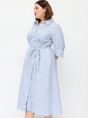 Cotton-blend Striped Short Sleeve Draped Belted Shirt Midi Dress Curve & Plus