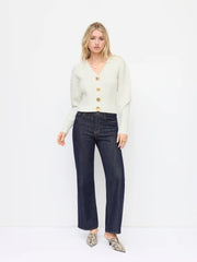 Cable Knit V-neck Metal Button Oversized Long Sleeve Top