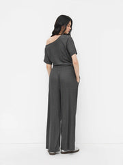 Asymmetrical Neck Short Sleeve Knotted Top & Mid Rise Trousers Set