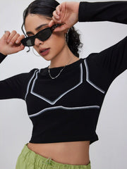 Round Neck Contrasting Binding Crop Long Sleeve Tee