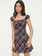 Cotton Plaid Square Neck Puff Sleeve Mini Dress