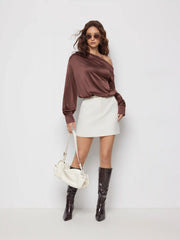 Satin Asymmetrical Neck rRuched Blouse Bodysuit