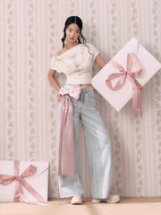 Cider Denim Mid Rise Bowknot Wide Leg Jeans