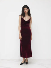 Velvet Cowl Neck Backless Chain Detail Mermaid Maxi Dress