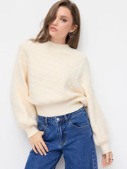 Cable Knit High Neck Lantern Sleeve Oversized Top