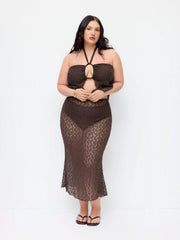 Lace Halter Neck Tankini & Full Coverage Bikini Bottoms With Sheer Skirt Three-piece Bikini Set Curve & Plus