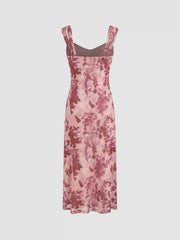 Mesh Square Neck Floral Bowknot Midi Dress
