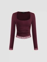 Square Neck Solid Lace Trim Ruched Long Sleeve Tee