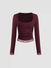 Square Neck Solid Lace Trim Ruched Long Sleeve Tee
