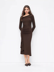 Asymmetrical Neck Long Sleeve Ruched Draped Maxi Dress