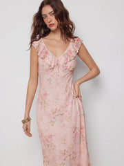 Floral V-neck Ruffled Sleeve Straight Midi Dress