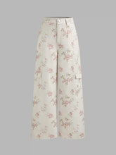 Cotton-blend Mid Rise Floral Cargo Wide Leg Pants