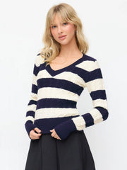 Cable Knit Stripe V-Neck Long Sleeve Top