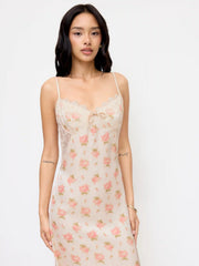 Satin V-Neck Floral Lace Knotted Cami Maxi Dress