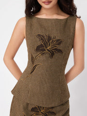 Tweed Floral Applique Check Boat Neck Top