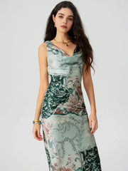 Satin Cowl Neck Floral Maxi Mermaid Dress