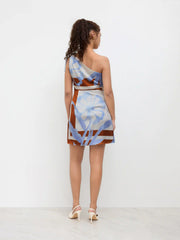 Asymmetrical Neck Floral Print Knotted Mini Dress
