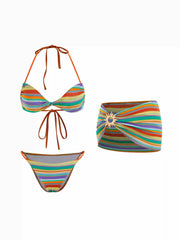 Halter Neckline Striped Bracelet Top & Low Rise Bikini Bottom 3 Piece Bikini Set