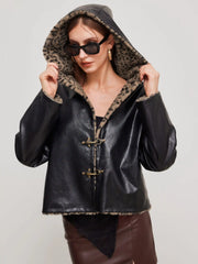Faux Shearling Hooded Jacket With Leopard Lining
