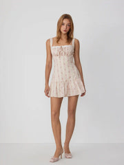 Cotton Floral Square Neck Lace Up Ruffle Hem A-line Mini Dress